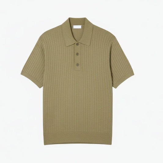 Fluid Ribbed Knit Polo Collar Sweater